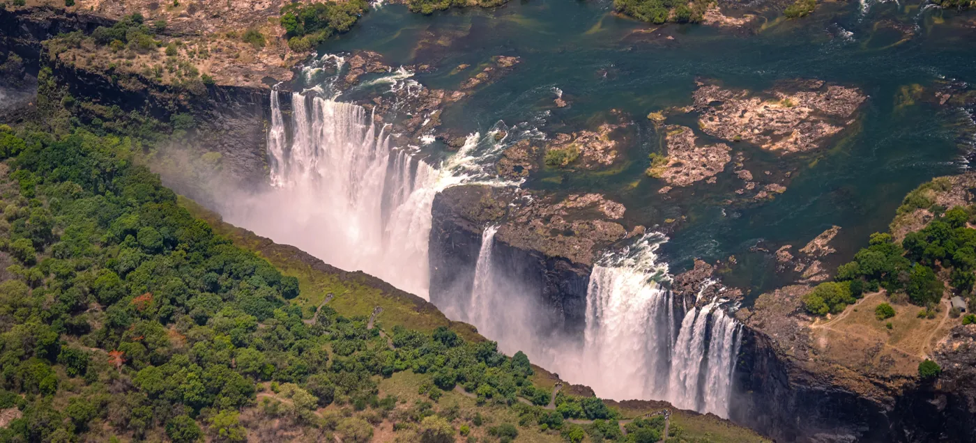 Aerial view of Victoria Falls showing the water level across the fall line